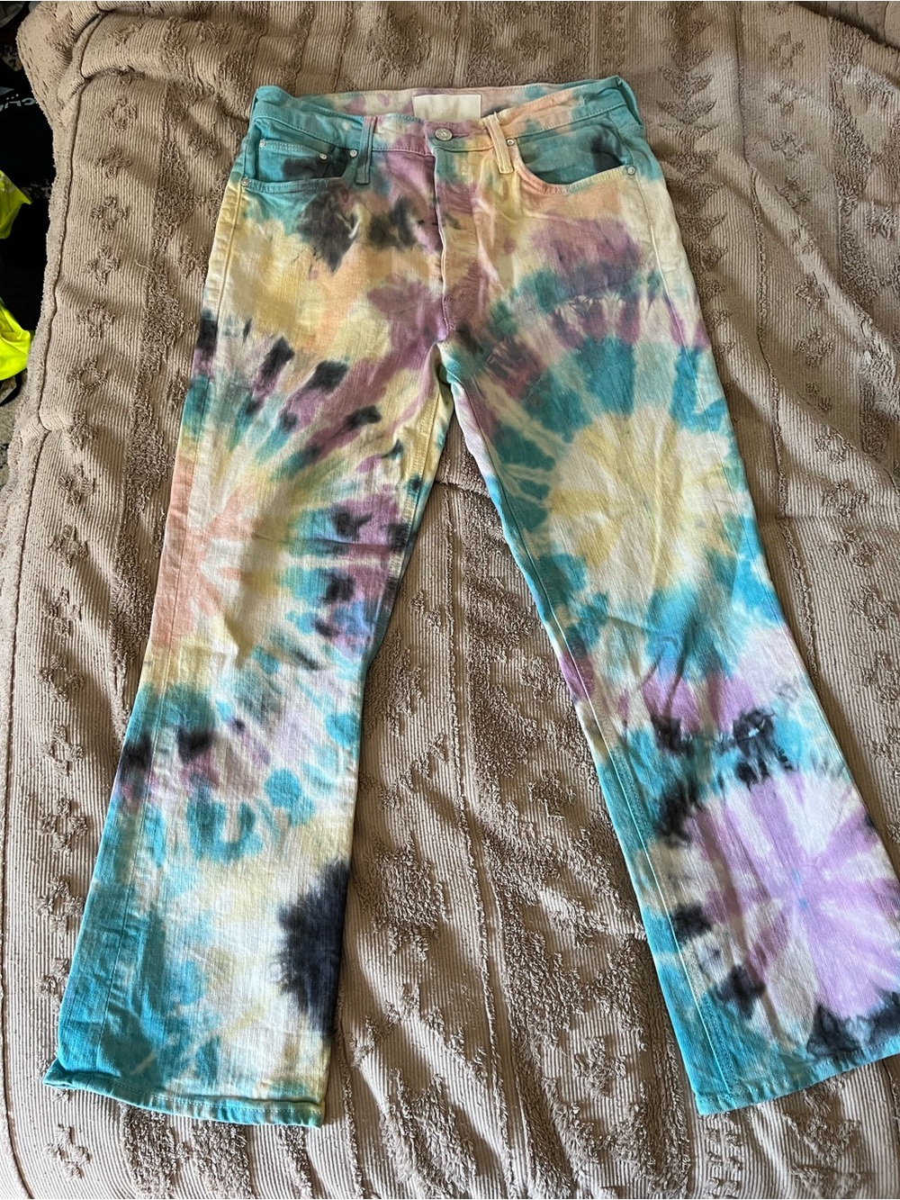 MOTHER Women's Tie-Dye Flare Jeans in Teal, Yellow & Purple